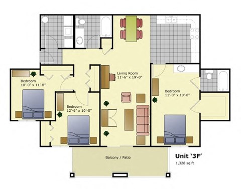 Floor plan for 3 beds, 2 baths, 1328 sqft